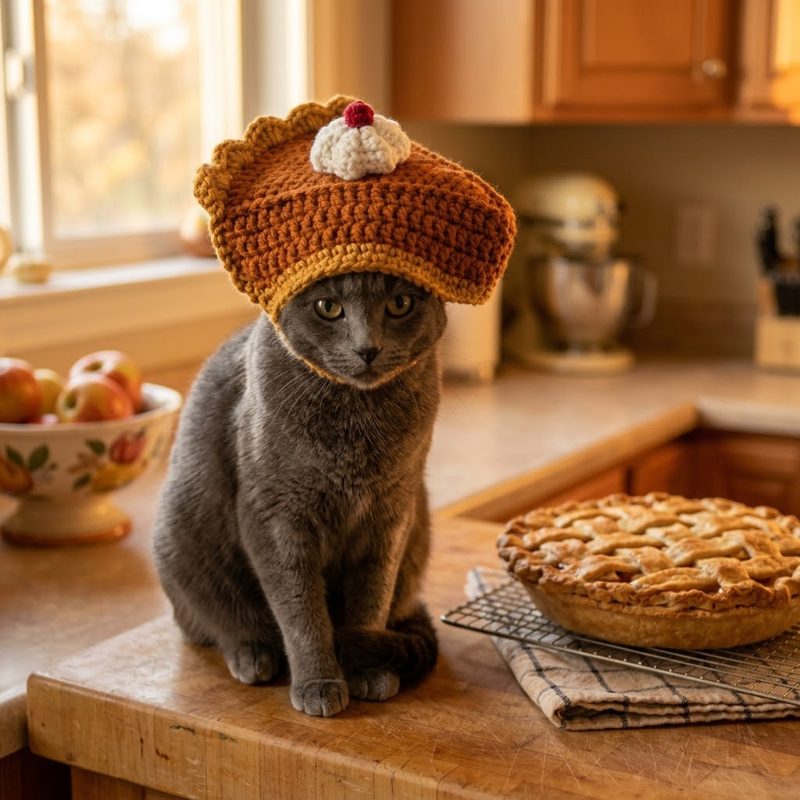 AI concept: Gray cat in a crochet pie hat on a kitchen counter next to a pie