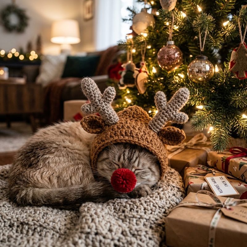 AI concept: Cat in a crochet reindeer hood under a Christmas tree