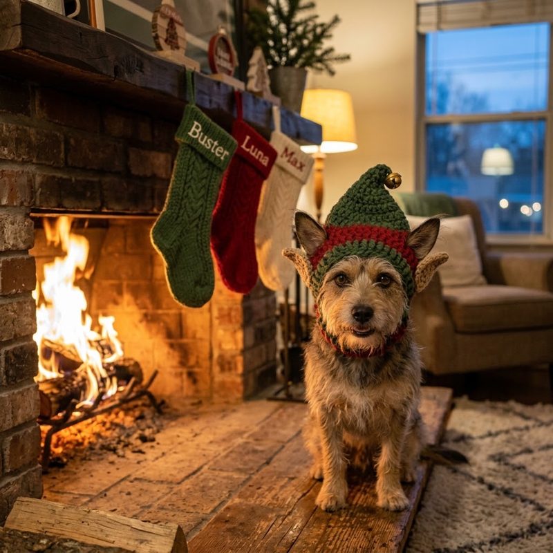 AI concept: Terrier in a crochet elf hat by a fireplace with stockings