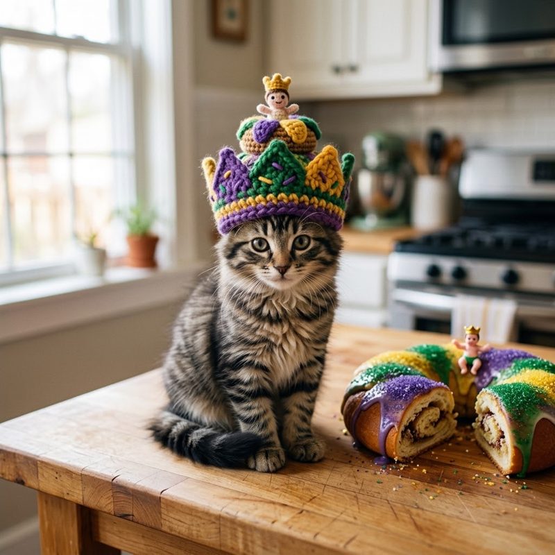AI concept: Cat in a crochet king cake crown on a kitchen counter beside a king cake