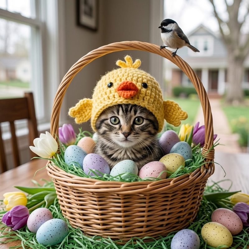 AI concept: Kitten in a crochet chick hat sitting in an Easter basket
